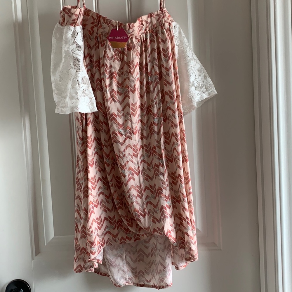 NWT Pink Chevron Open Shoulder Lace Sleeve Maternity Top from Pinkblush